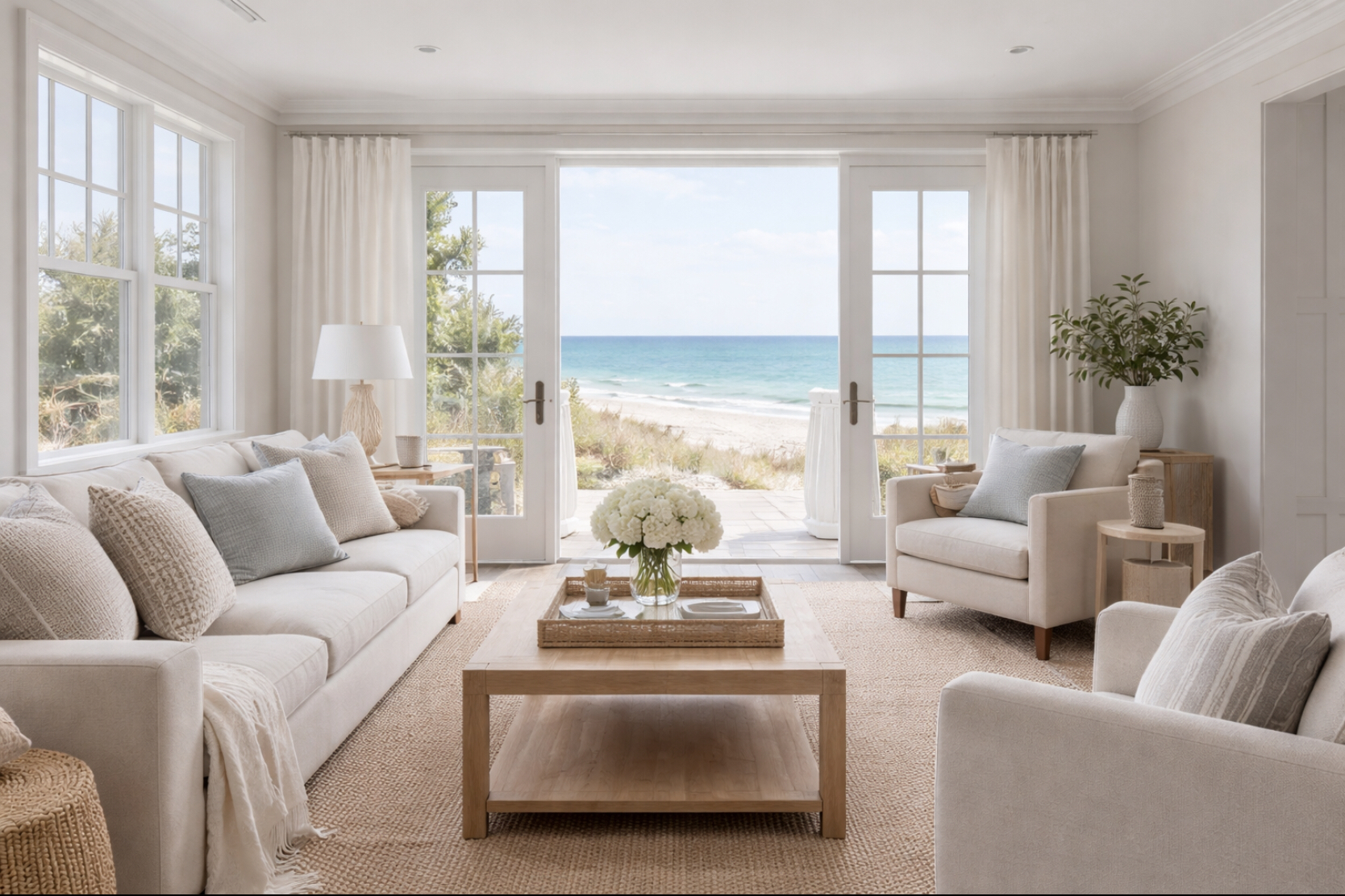 Living room with white sofas and armchairs, a wooden coffee table with a flower arrangement, and a view of the beach through large glass doors.