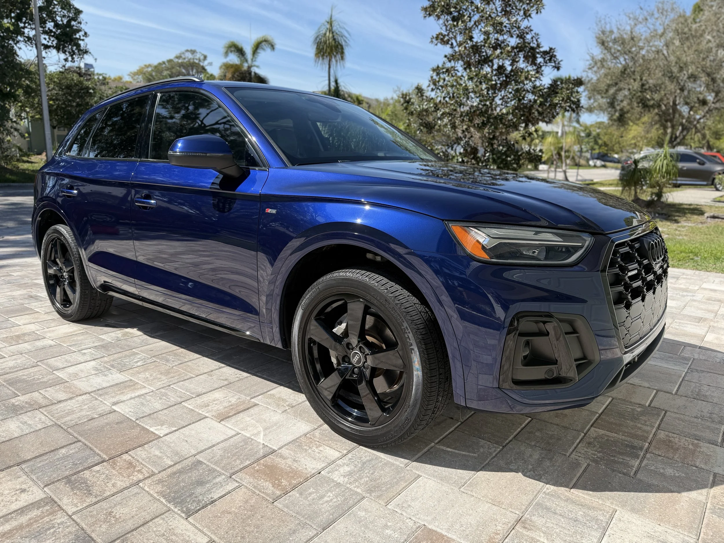 A blue Audi SUV parked on a paved area outdoors with trees and parked cars in the background.
