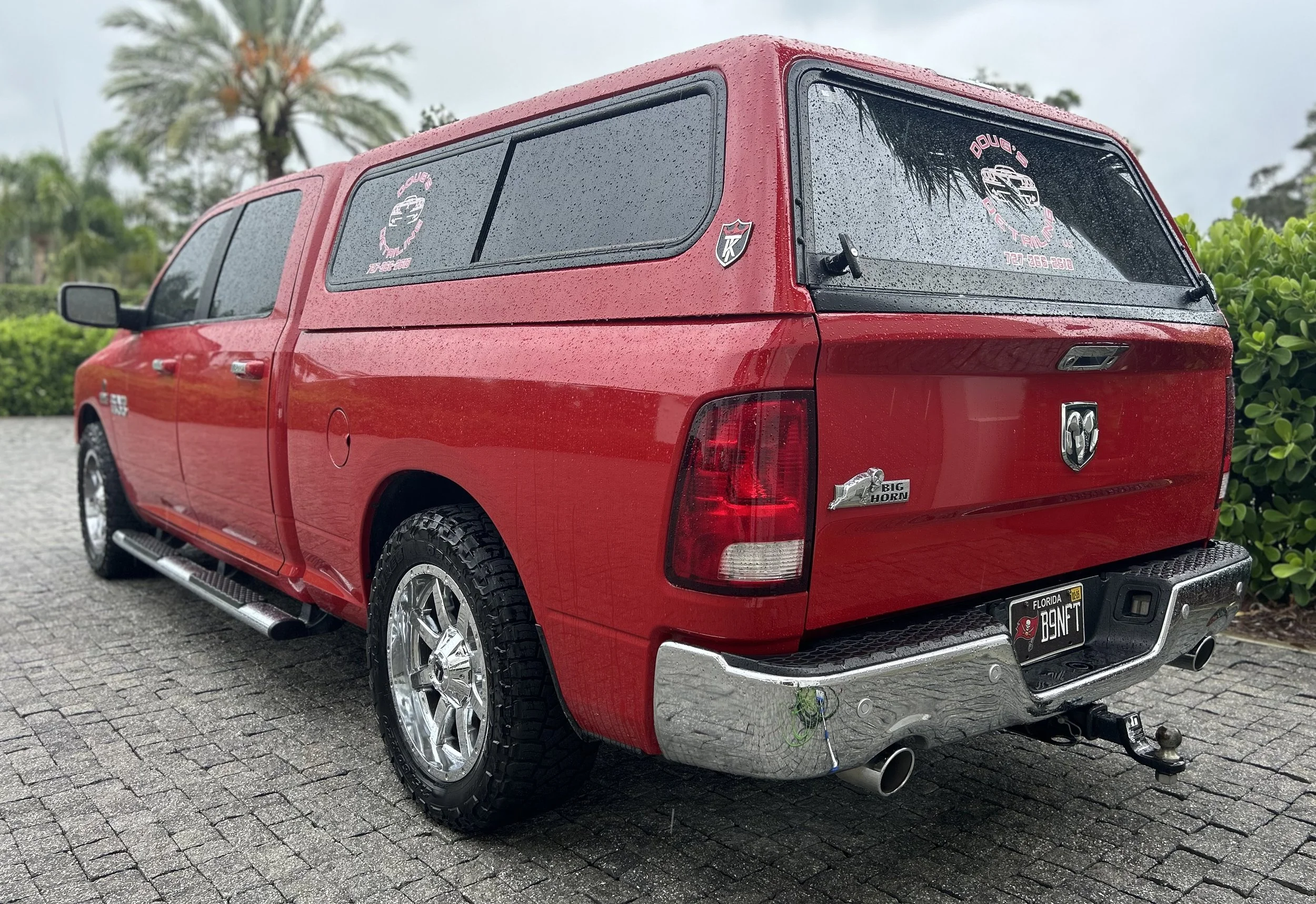 Red pickup truck parked on cobblestone surface, with rain droplets on windows and body, green bushes on right, palm trees and cloudy sky in background.