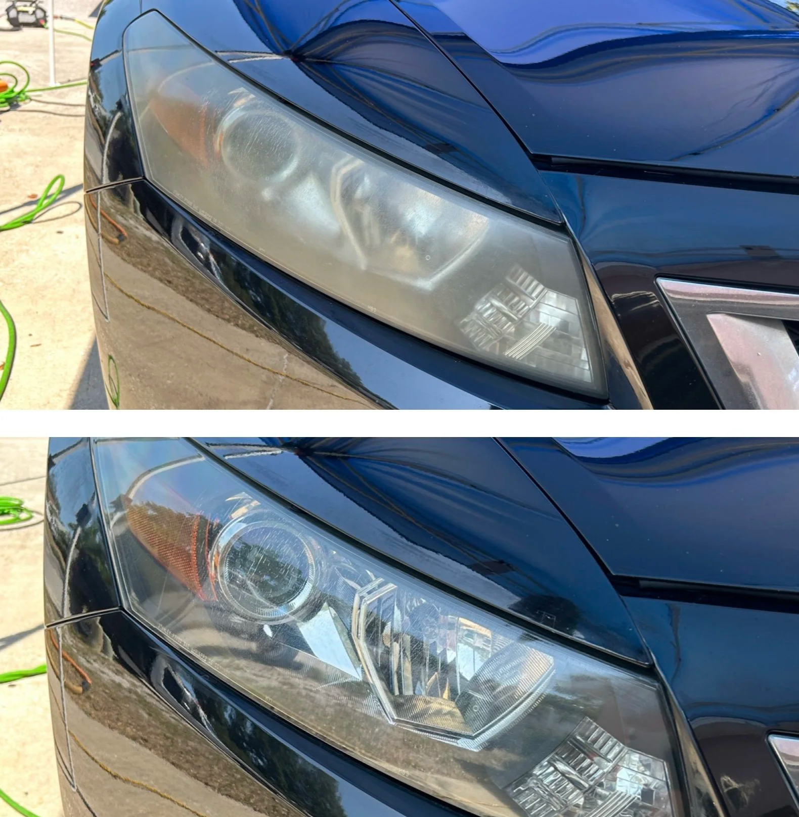 Comparison of a car's headlight before and after restoration, showing clearer lens after cleaning.