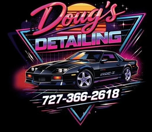 Logo for Doug's Detailing featuring a black sports car with reflections, neon lights, and geometric shapes, along with the phone number 727-366-2618.