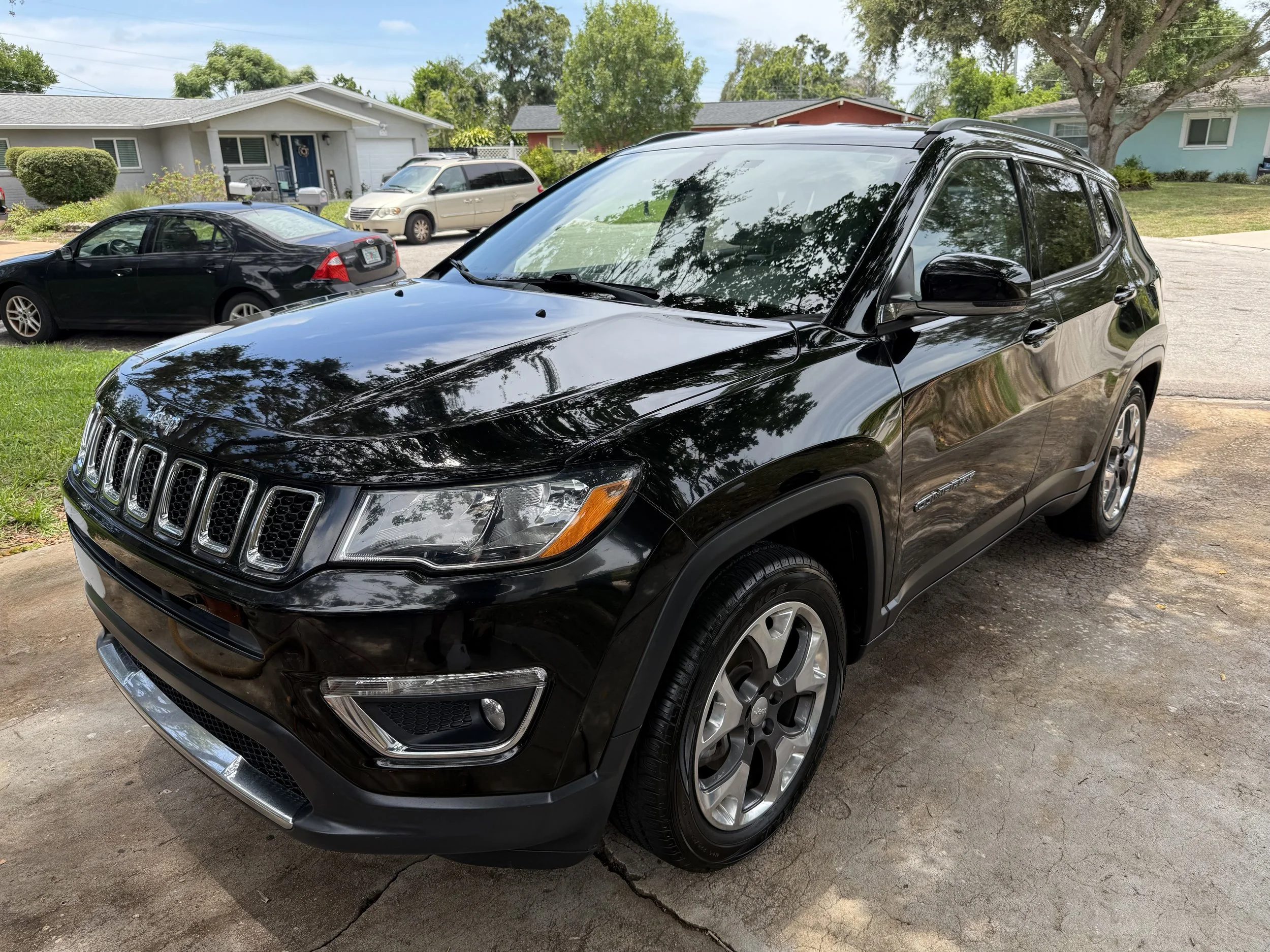 Black Jeep SUV parked on driveway with a reflective surface showing trees, in a suburban neighborhood with other cars and houses in the background.