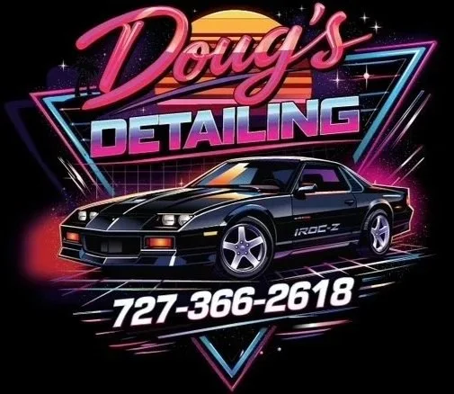 Retro-style neon sign for "Doug's Detailing" with a black sports car, contact number 727-366-2618, and geometric neon patterns in the background.
