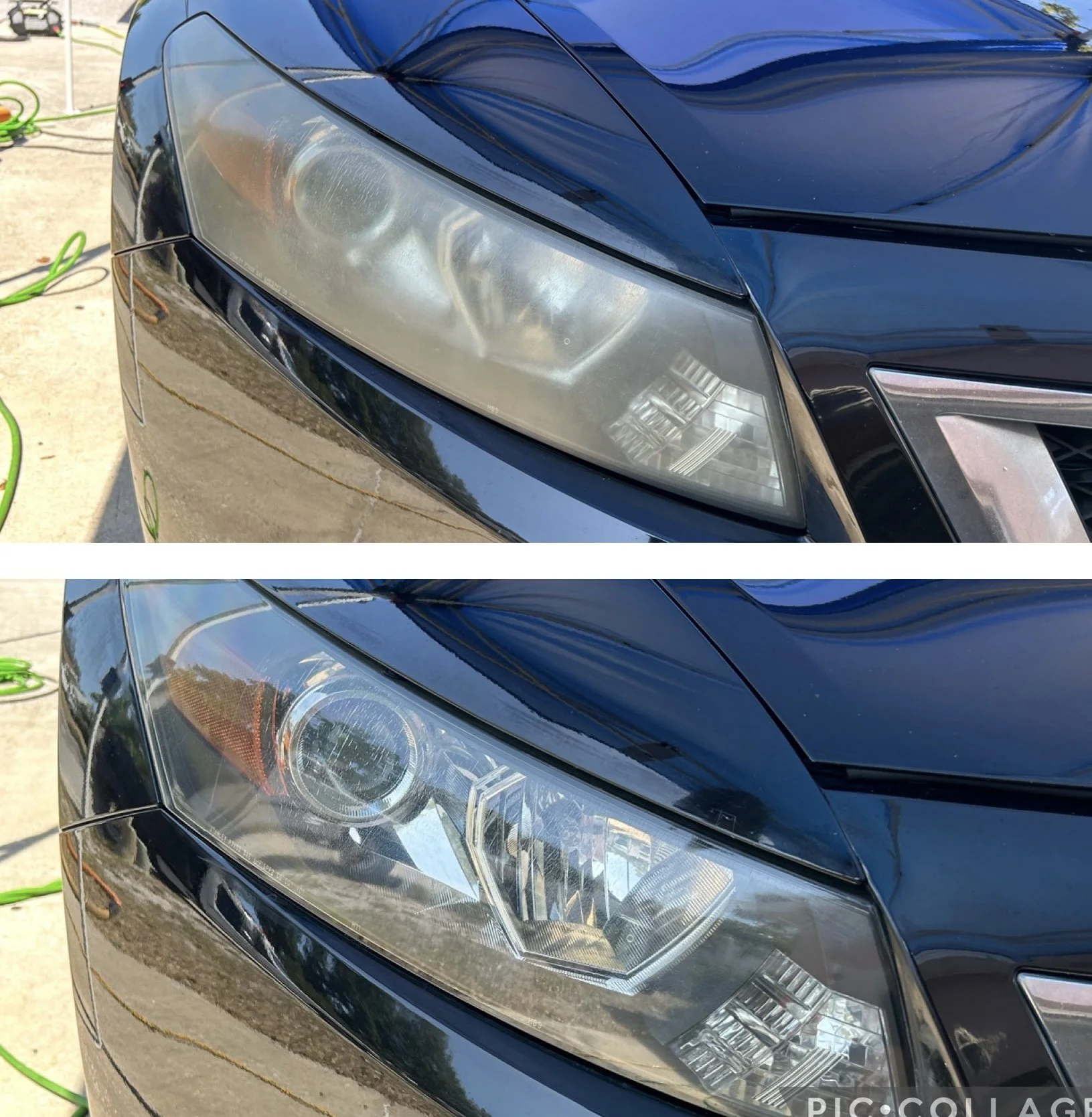 Comparison of a car's headlight before and after cleaning. The top shows a foggy, cloudy headlight lens, and the bottom shows a clear, restored headlight lens.