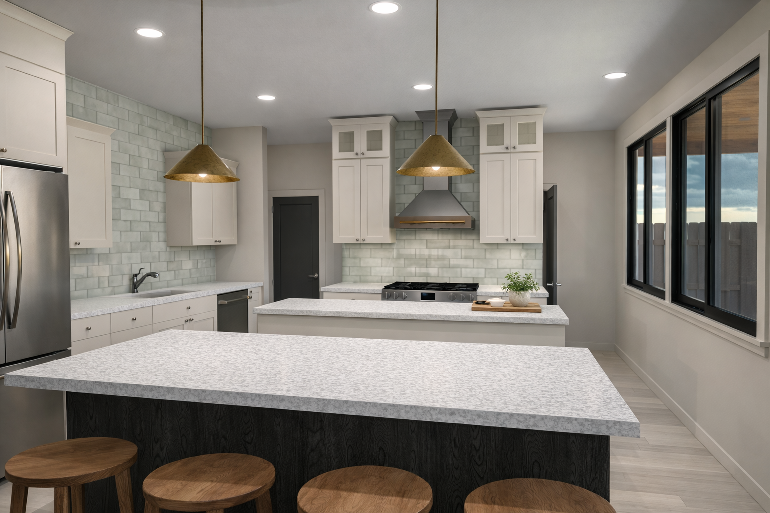 Kitchen with central island and large window.