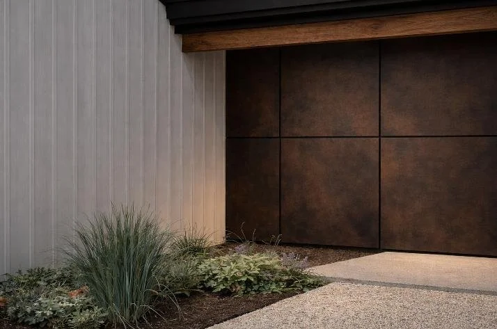 Close-up of a modern exterior wall with vertical wood paneling and a section of rust-colored metal panels, accompanied by some plants and a concrete pathway.