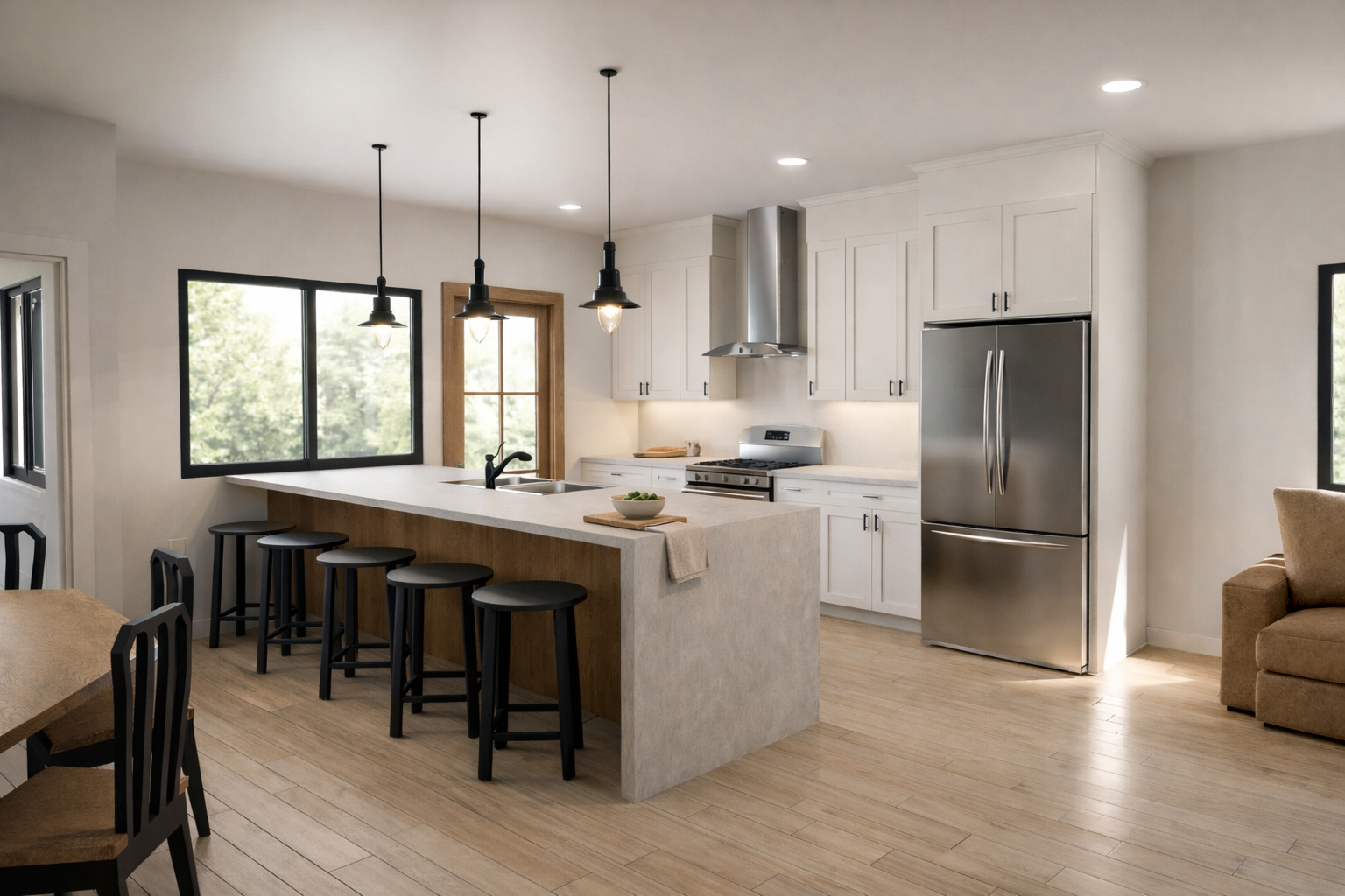 Kitchen with central island and surrounding cabinetry.