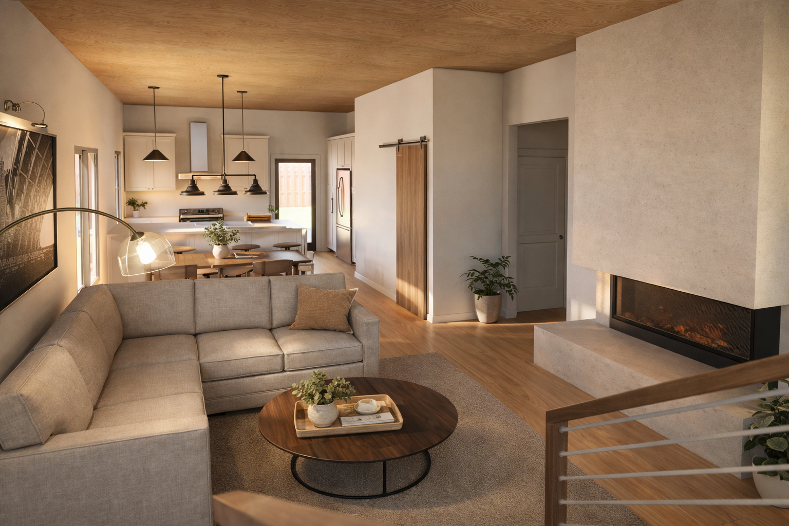 Open living room with fireplace and adjacent kitchen and dining area.