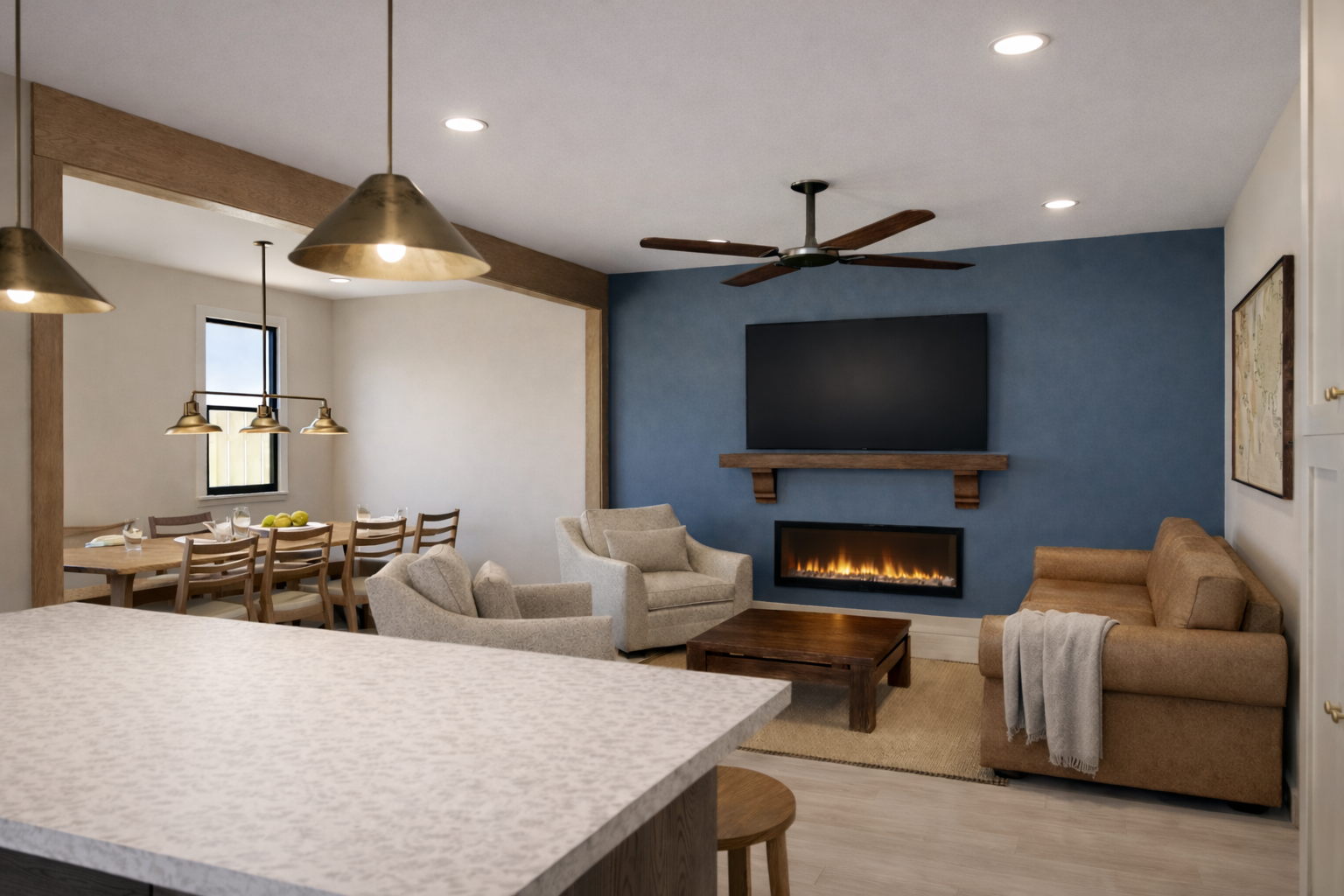 Open living room with fireplace and adjacent dining area.
