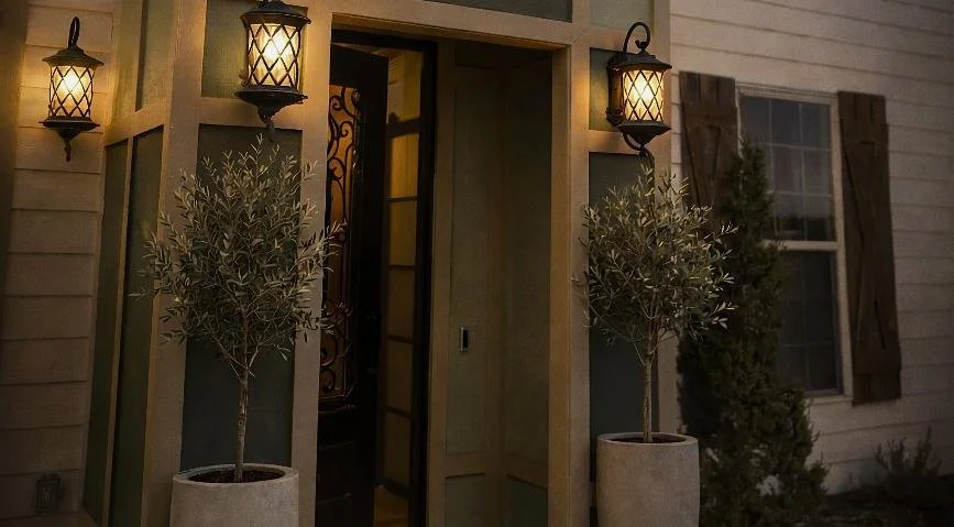 Front entrance of a residential home with a covered porch, exterior lighting, and potted plants.