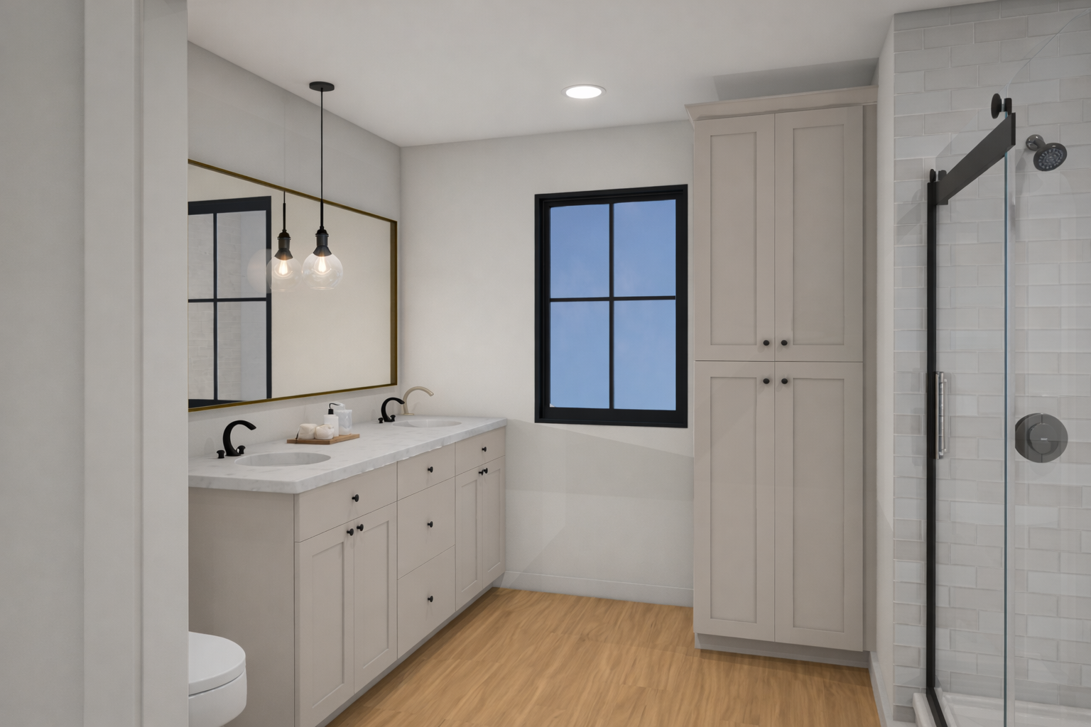 Bathroom with double-sink vanity and glass-enclosed shower.
