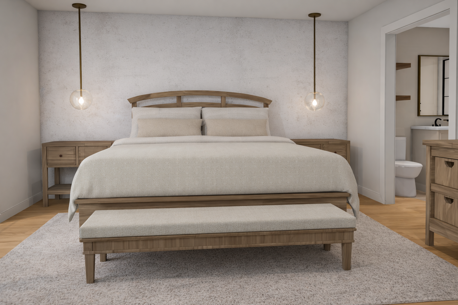 Bedroom connected to an adjacent bathroom.
