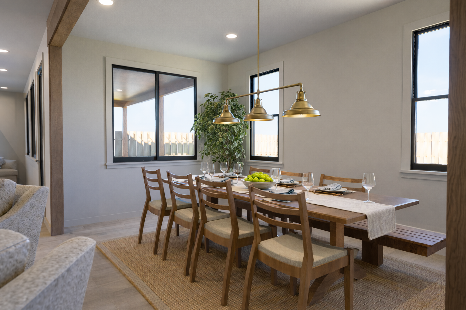 Dining room with table, seating, and large windows.
