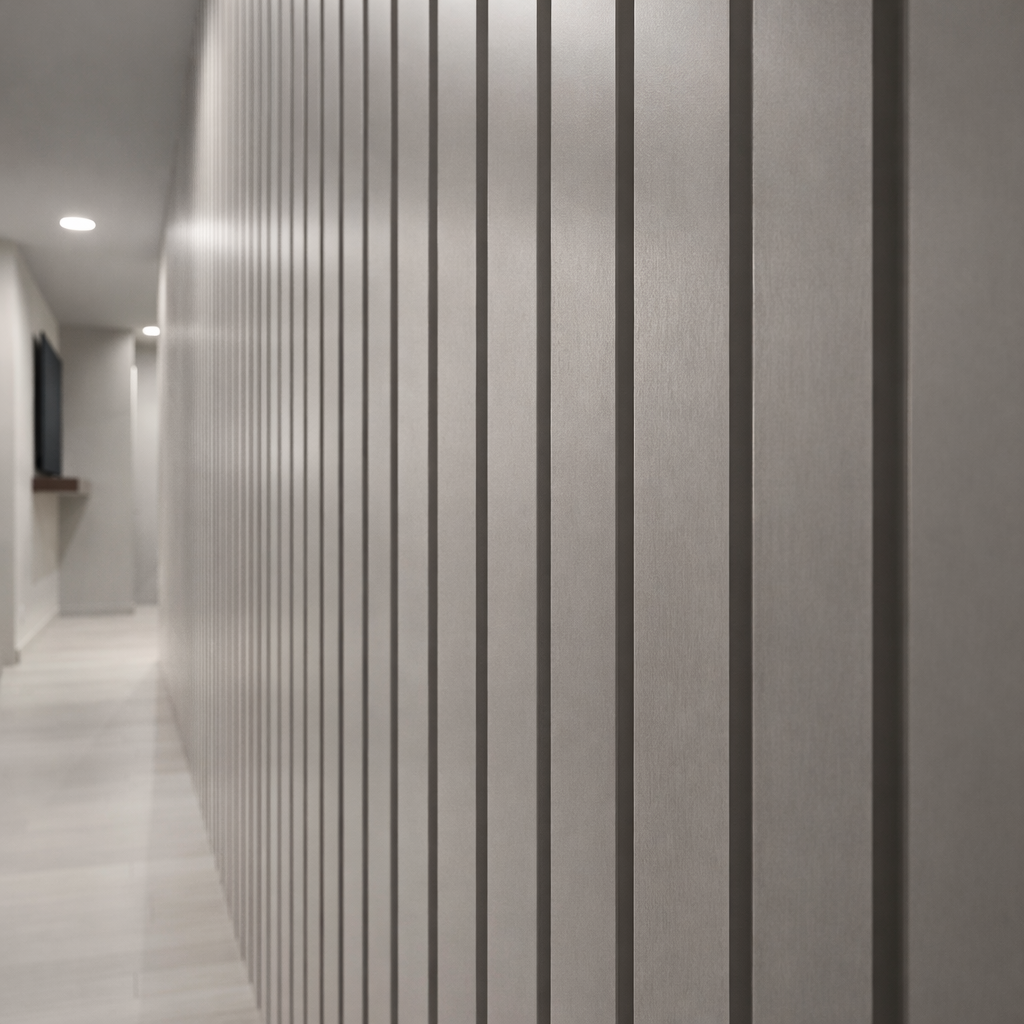 Interior wall detail with vertical grooves in a hallway.
