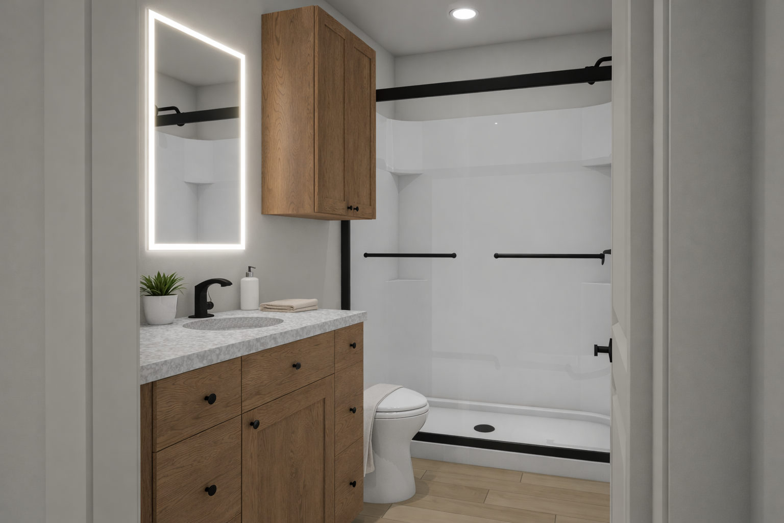 Bathroom with vanity and walk-in shower.
