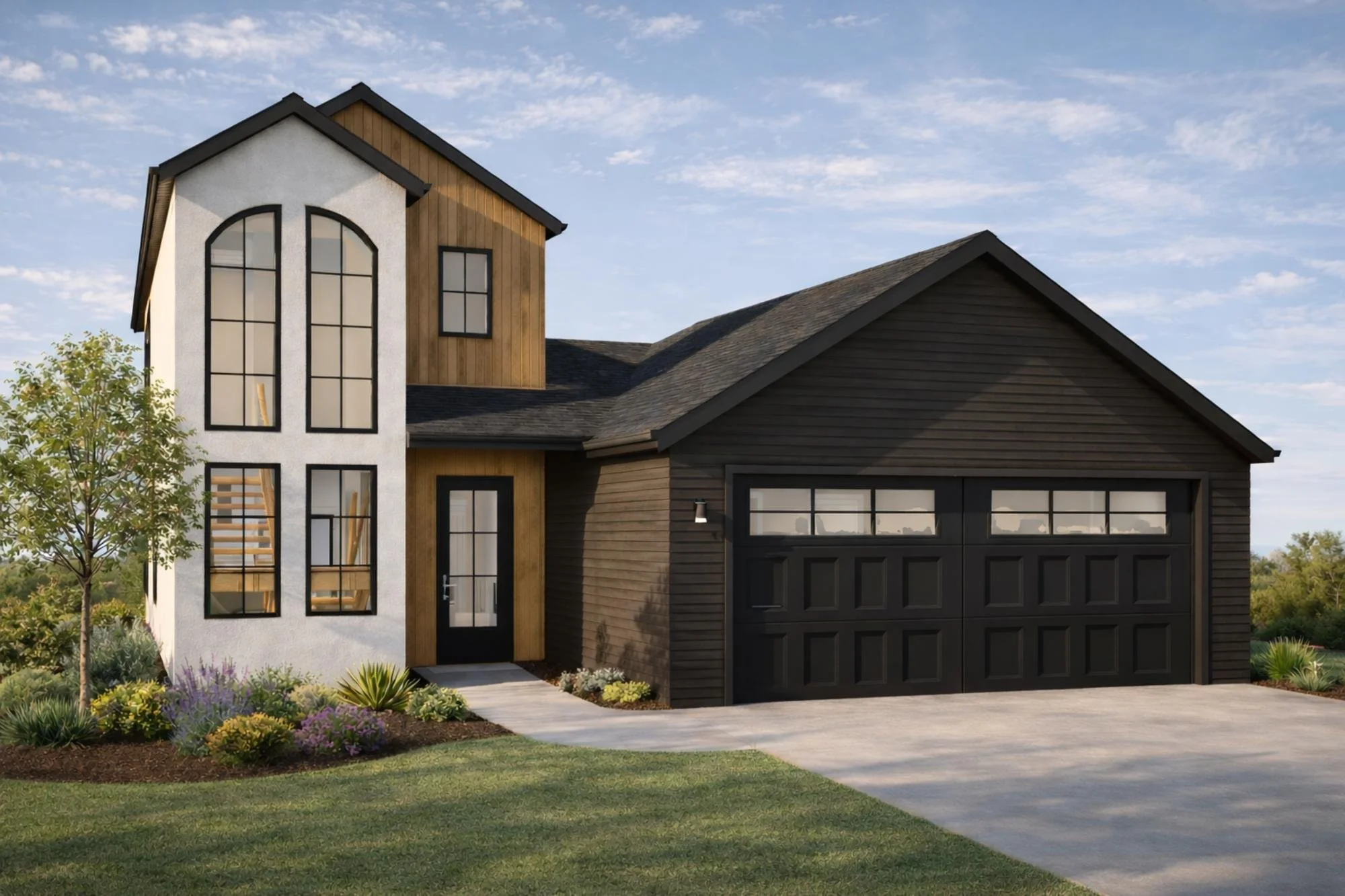 Two-story home exterior with attached garage and front windows.