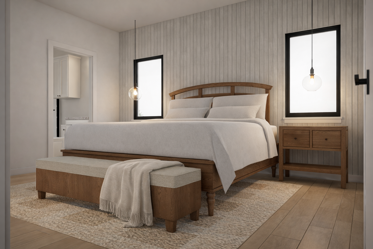 Primary bedroom with natural light from two windows.
