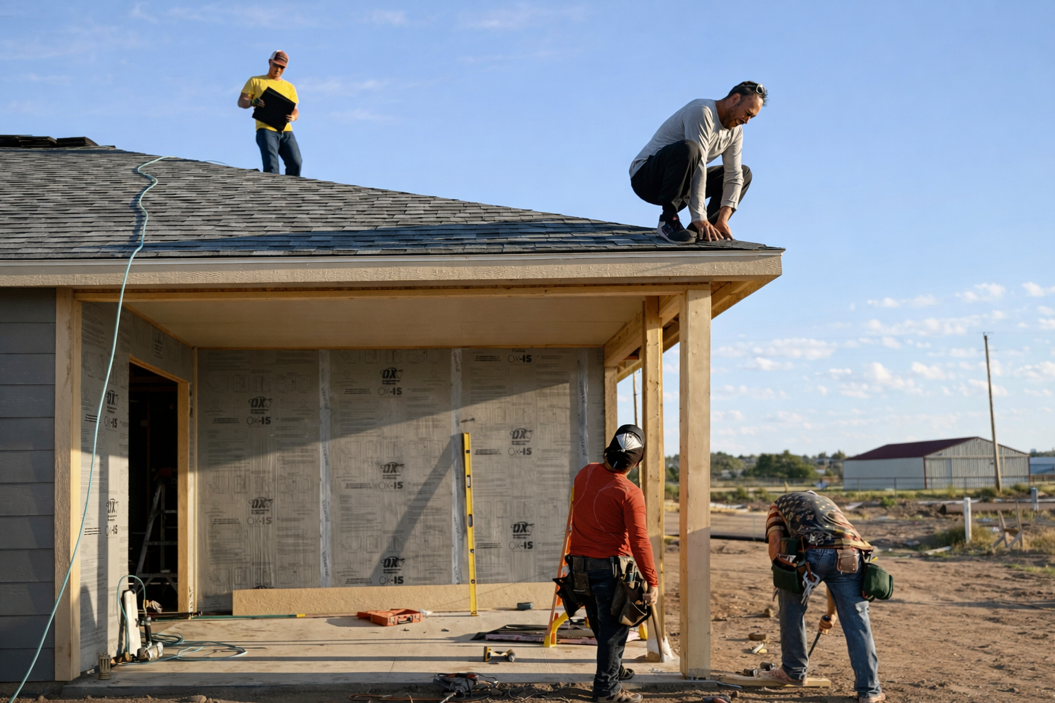 Construction crew installing roofing on a home.