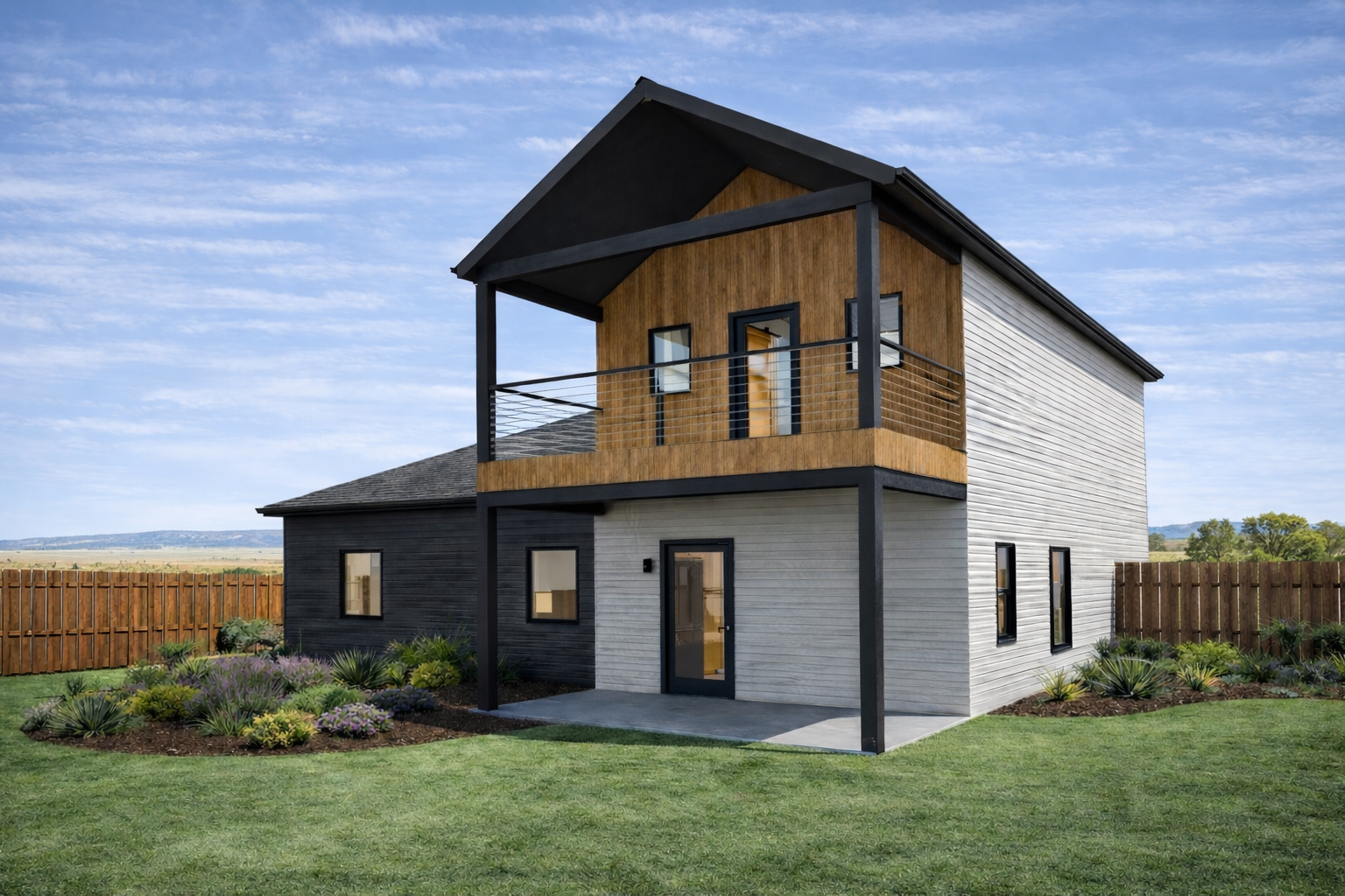 Modern two-story house with black and wooden exterior, balcony, on a green lawn with flower garden, under a blue sky with clouds.