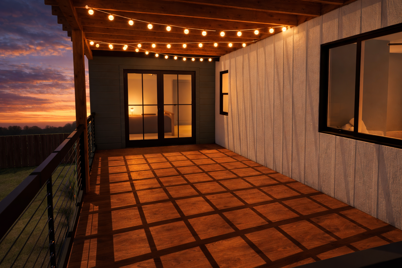 Outdoor balcony with string lights and glass doors opening into a bedroom.