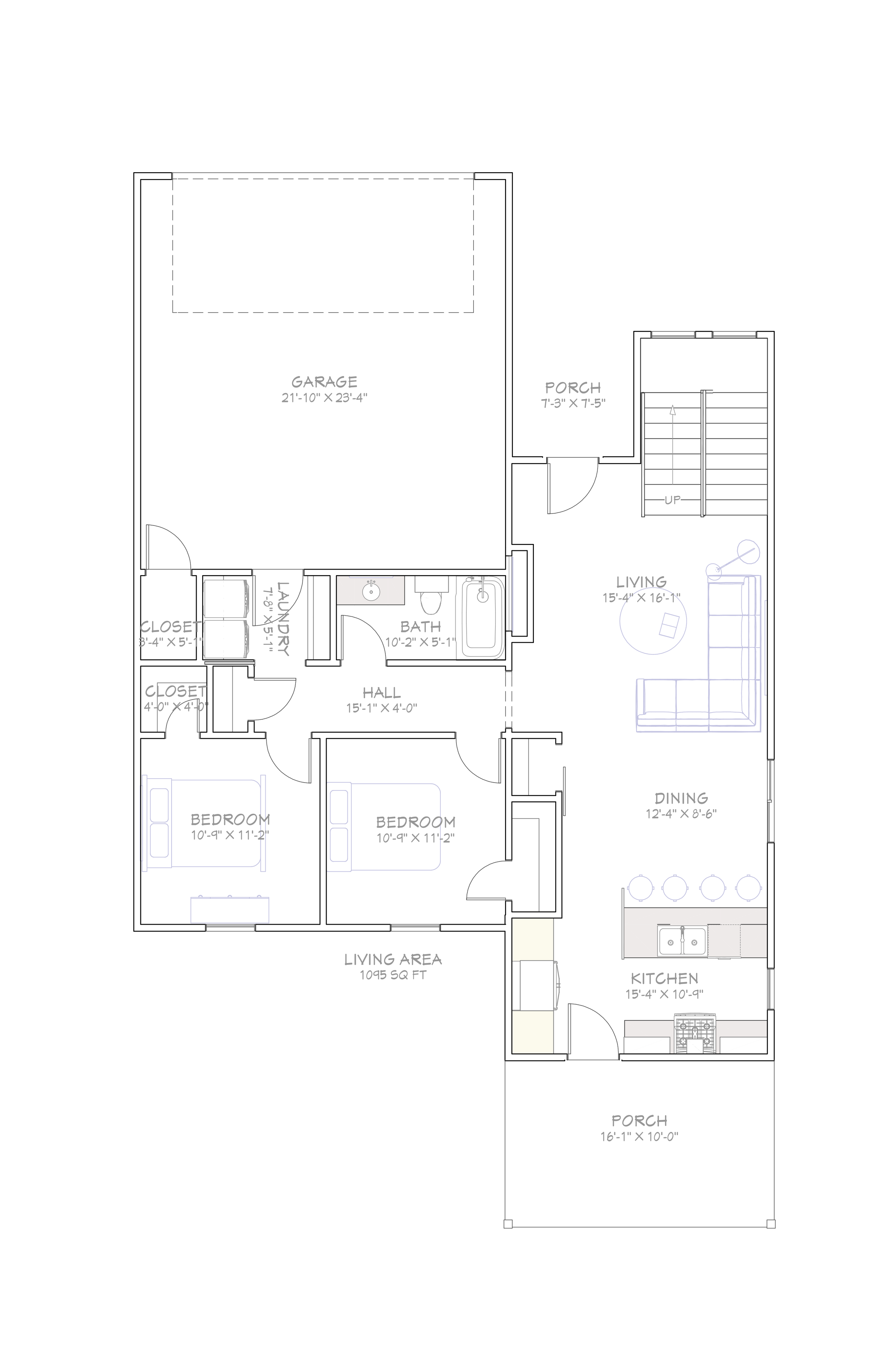 Labeled floor plan showing a multi-bedroom home layout with garage and living areas.
