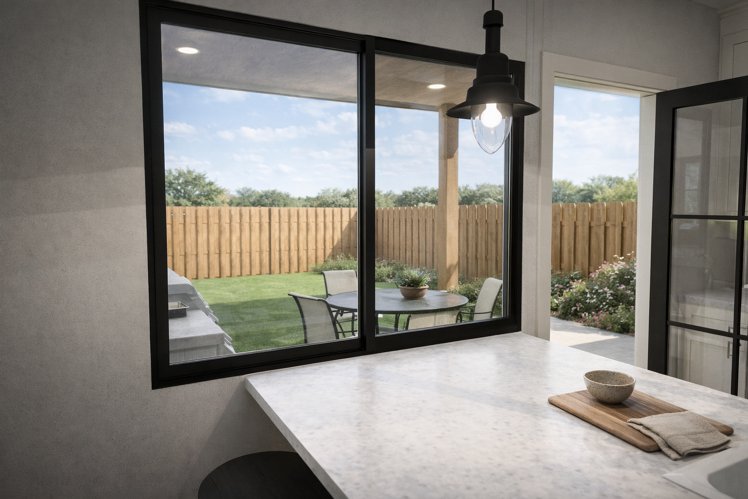 Backyard patio visible through a kitchen window with outdoor seating.