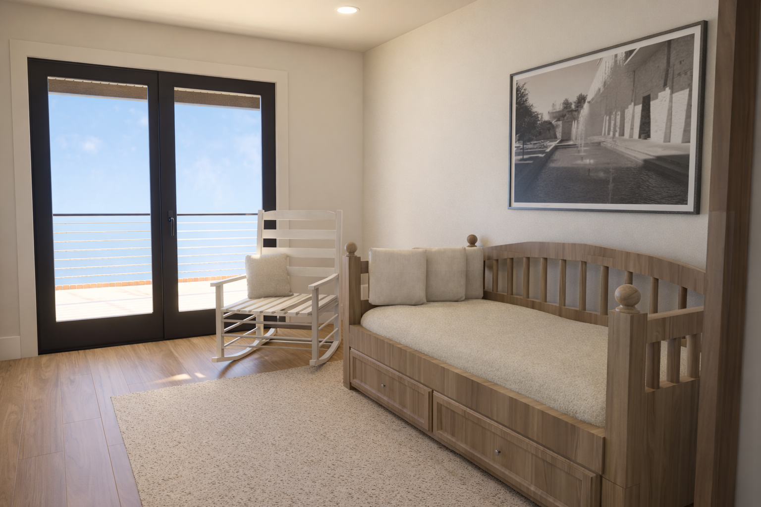 Room with seating area and sliding glass door opening to a balcony.
