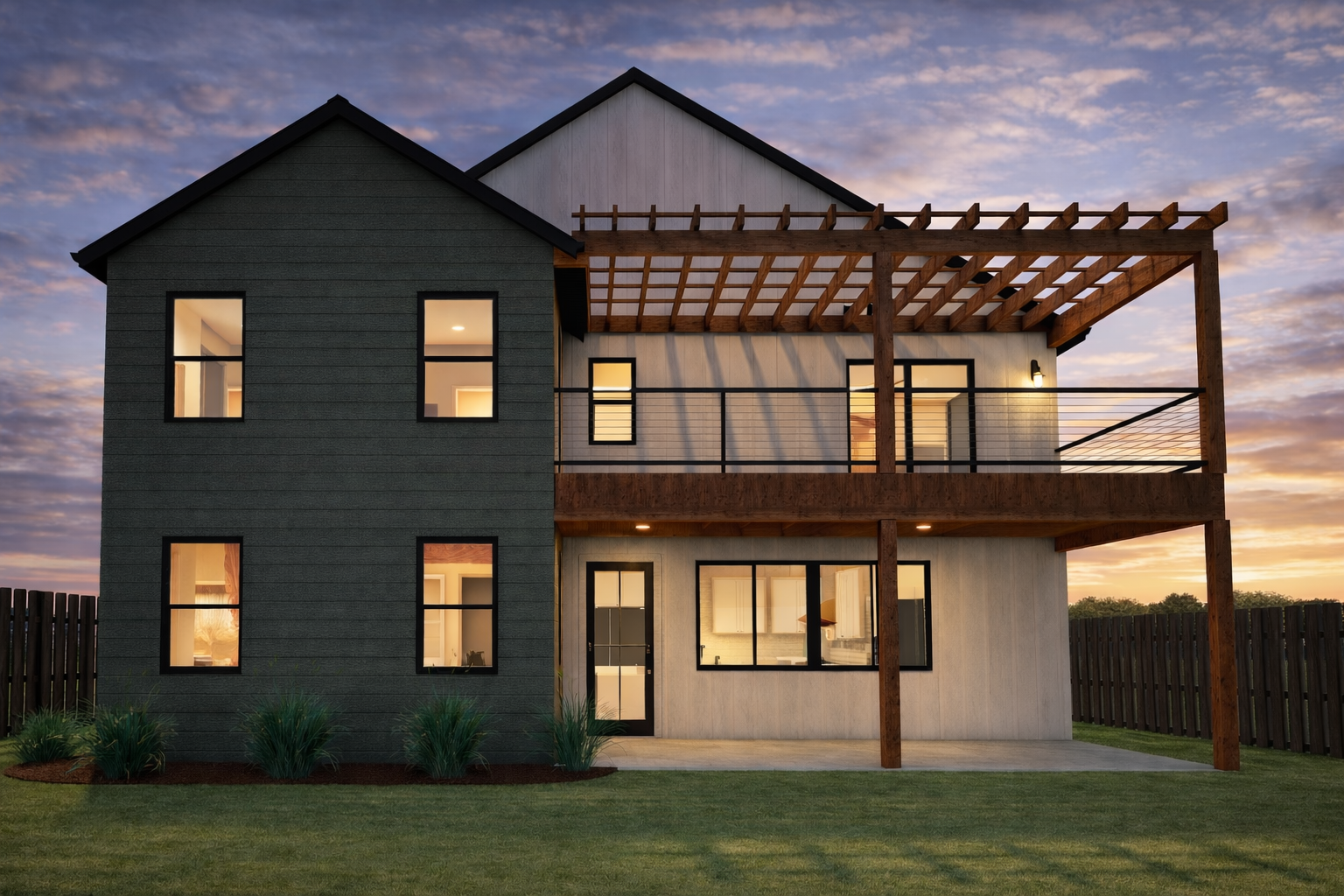 Two-story home exterior with balcony, pergola, and large windows.
