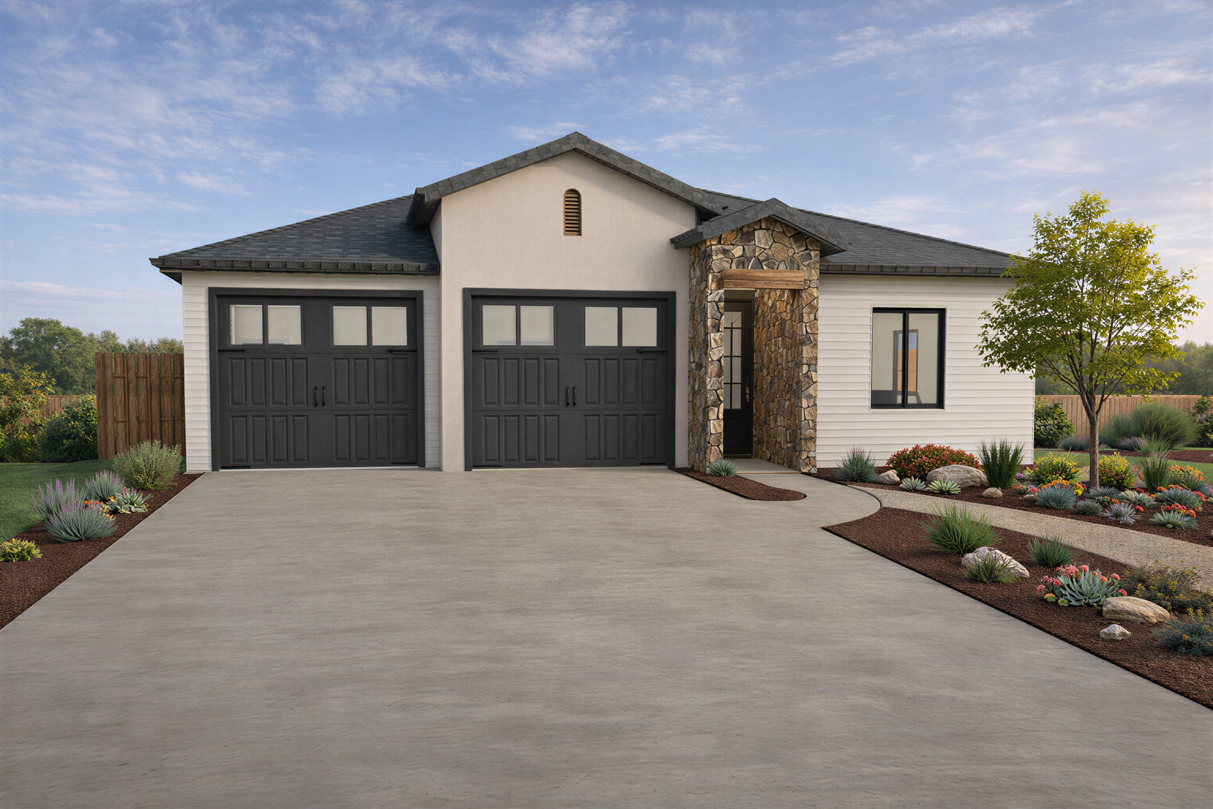 Single-story home exterior with attached two-car garage and driveway.
