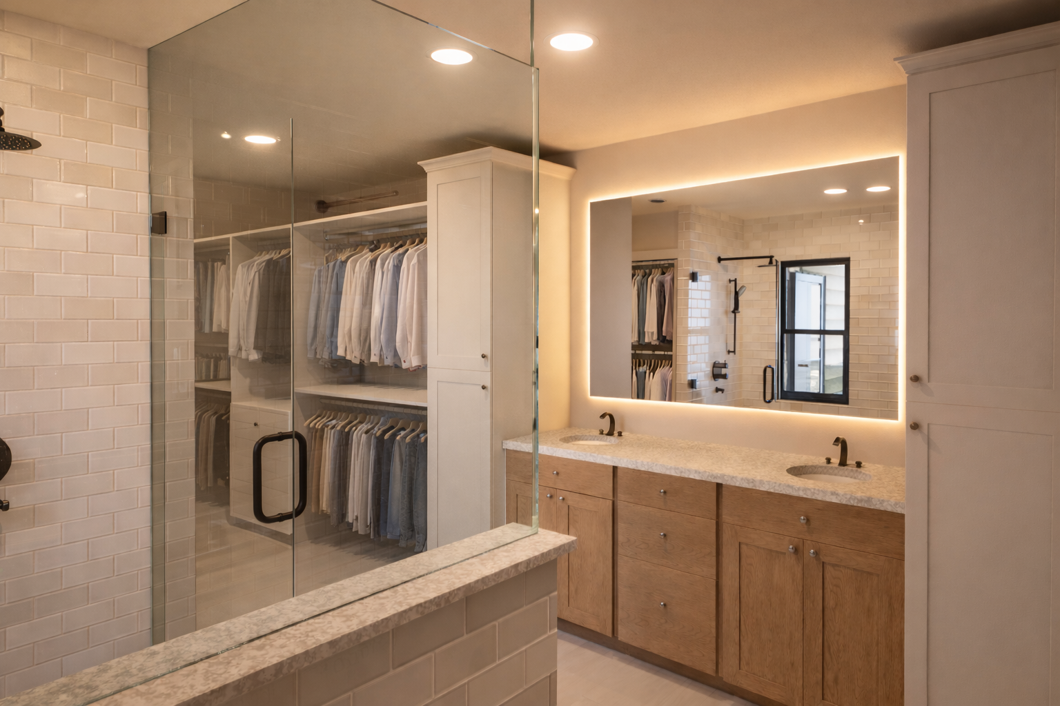 Bathroom with dual sinks and adjacent walk-in closet.

