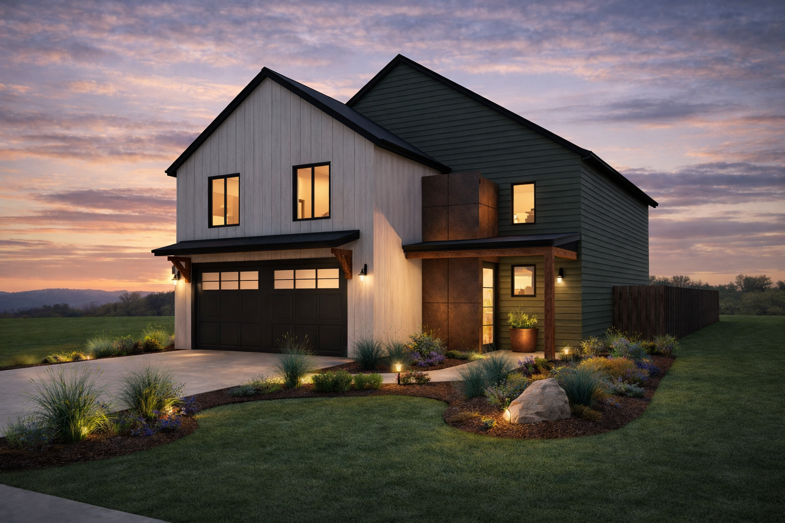 Two-story home exterior with front yard and exterior lighting.
