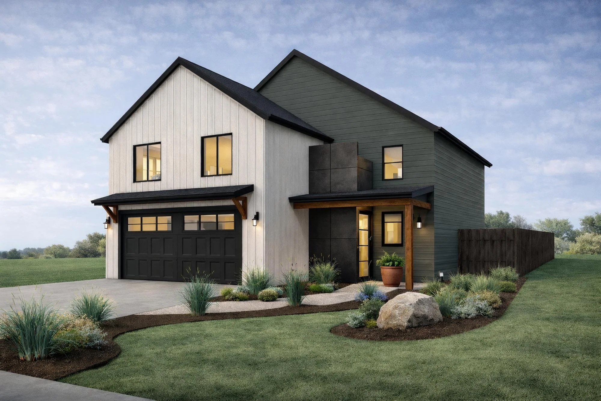 Two-story home exterior with attached garage and front landscaping.