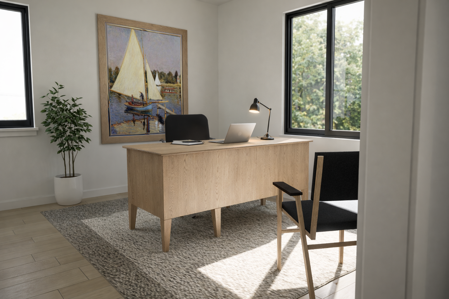 Home office with desk, seating, and large windows.
