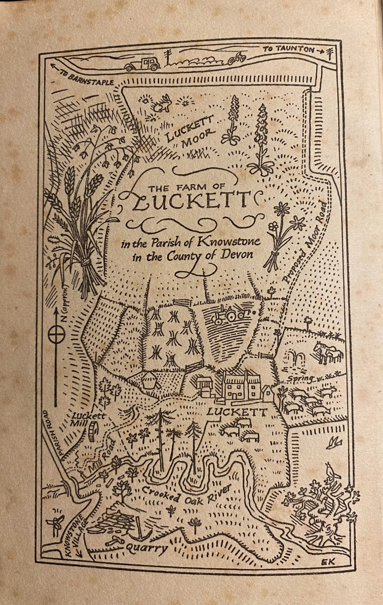 A hand-drawn map of Luckett farm in Knowstone, Devon, showing fields, farm buildings, the Crooked Oak River, and surrounding roads and landmarks.