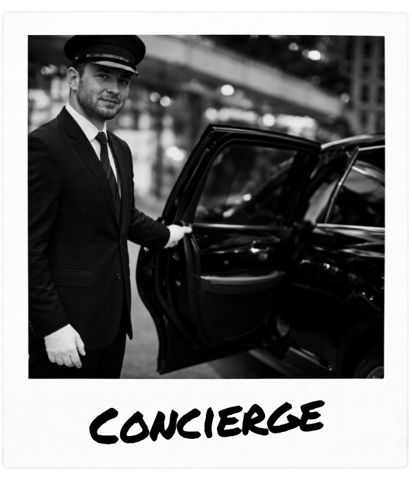 A male chauffeur in a suit and cap standing by a luxurious car, ready to assist a passenger, with the word 'CONCIERGE' written at the bottom.