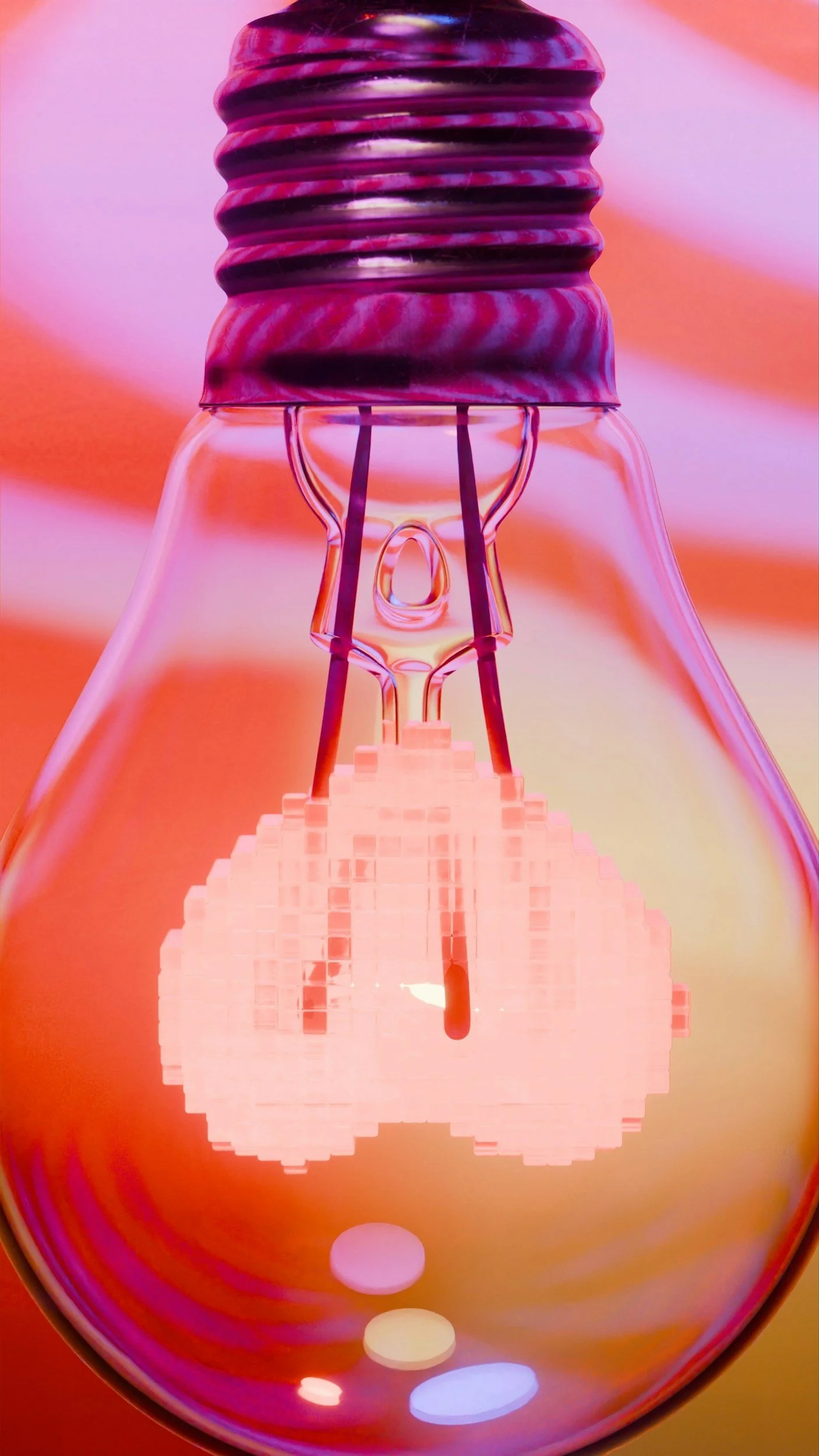 Close-up of a glowing light bulb with a pixelated filament inside, surrounded by a colorful, abstract background.