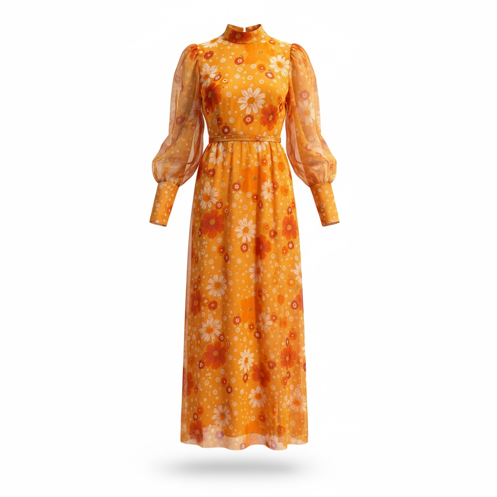 Vintage 70s Boho Orange Floral Maxi Dress