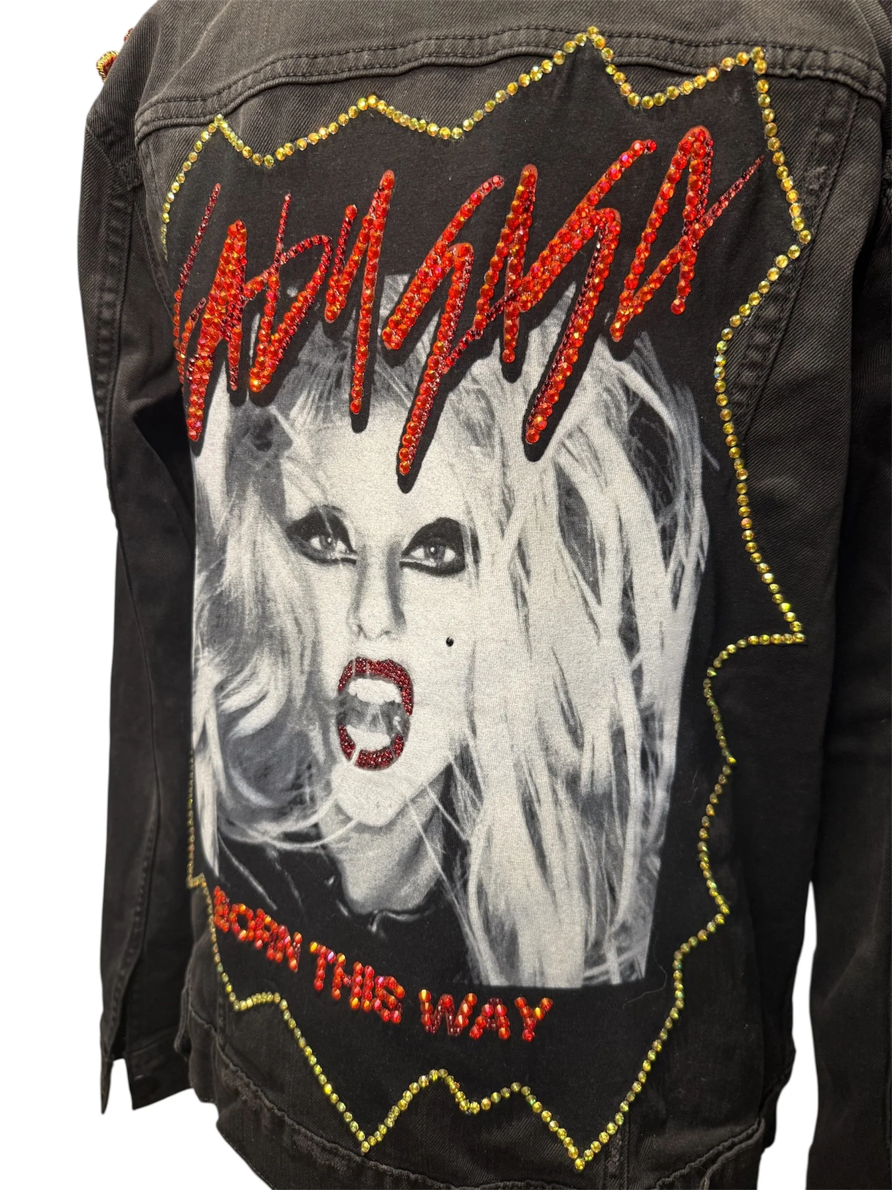 Black denim jacket decorated with rhinestones and patches, featuring a large grayscale graphic of a woman's face with wild hair and jewelry, with the words "VAN HALL" in red rhinestones at the top and "FOLLOW THE WAY" in red rhinestones at the bottom, along with a gold rhinestone border.