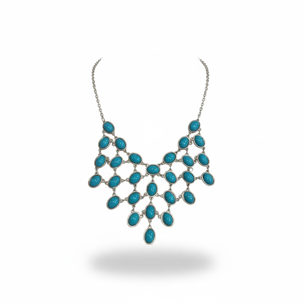 Boho Turquoise Teardrop Silver Tone Bib Necklace