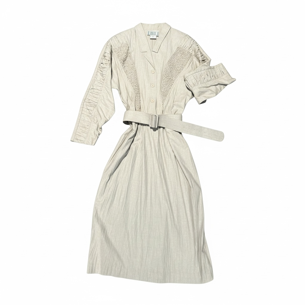 Vintage 80s Emblem Beige Button Front Midi Dress