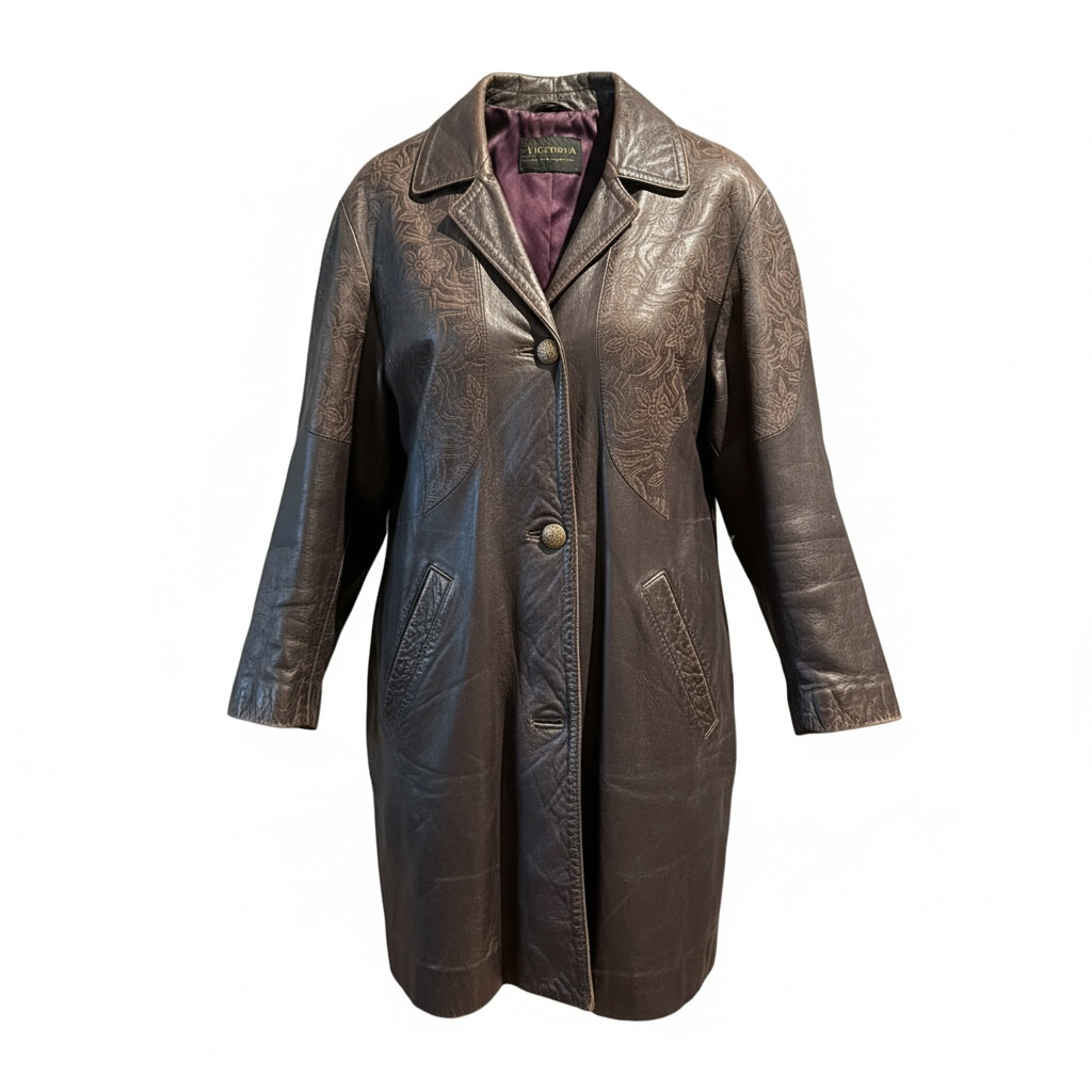 Vintage Victoria Leather Embossed Floral Longline Jacket