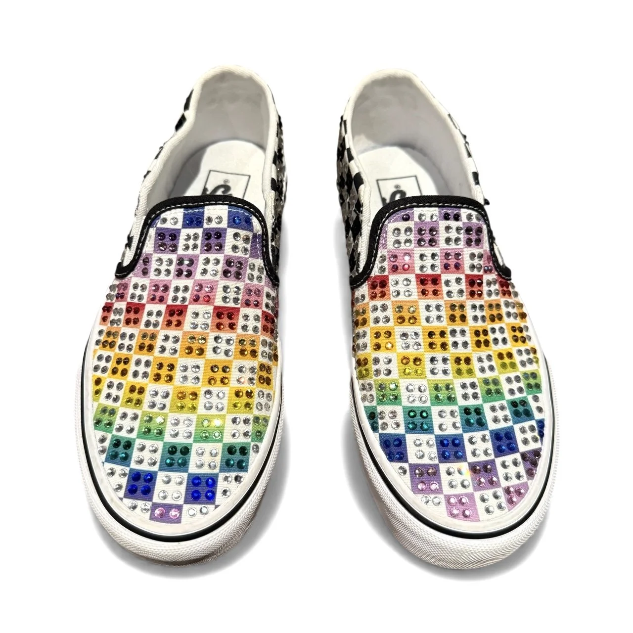 Reworked Custom Vans Rainbow Checkered Rhinestone Slip-On Sneakers