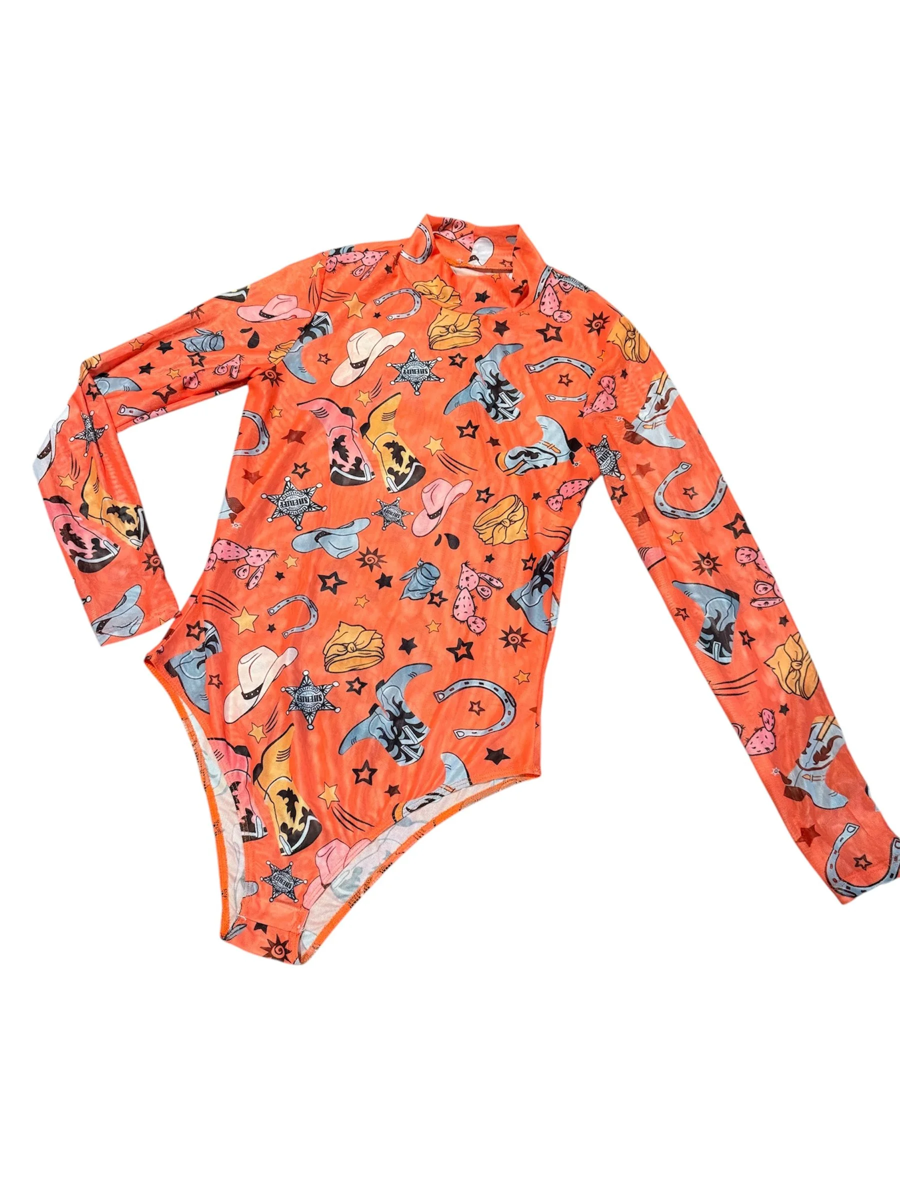 Orange Mesh Western Cowboy Print Bodysuit