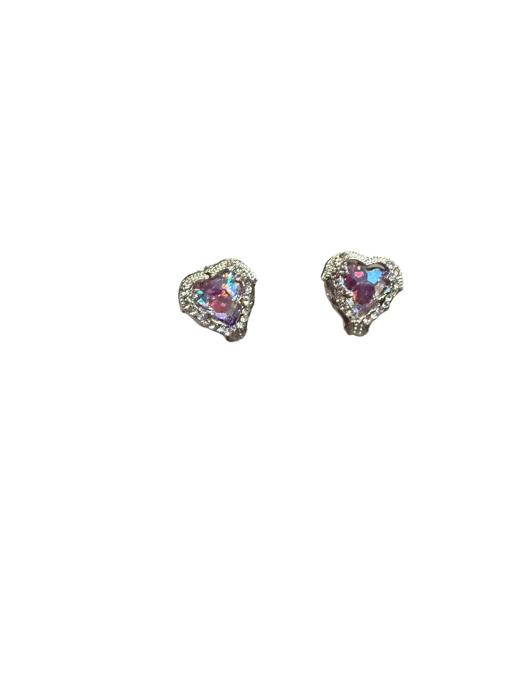 Iridescent Pink Crystal Heart Stud Earrings