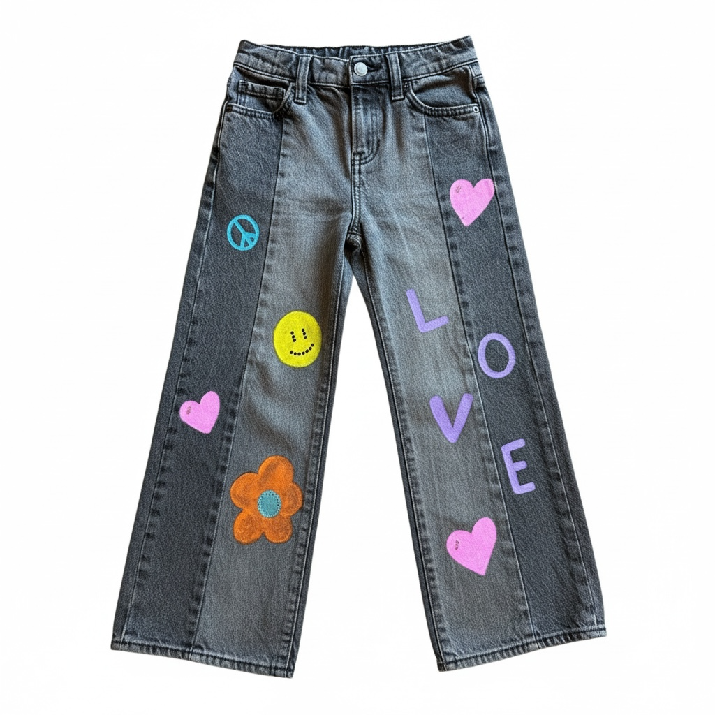 Kids Hand Painted Wide Leg Black Wash Jeans
