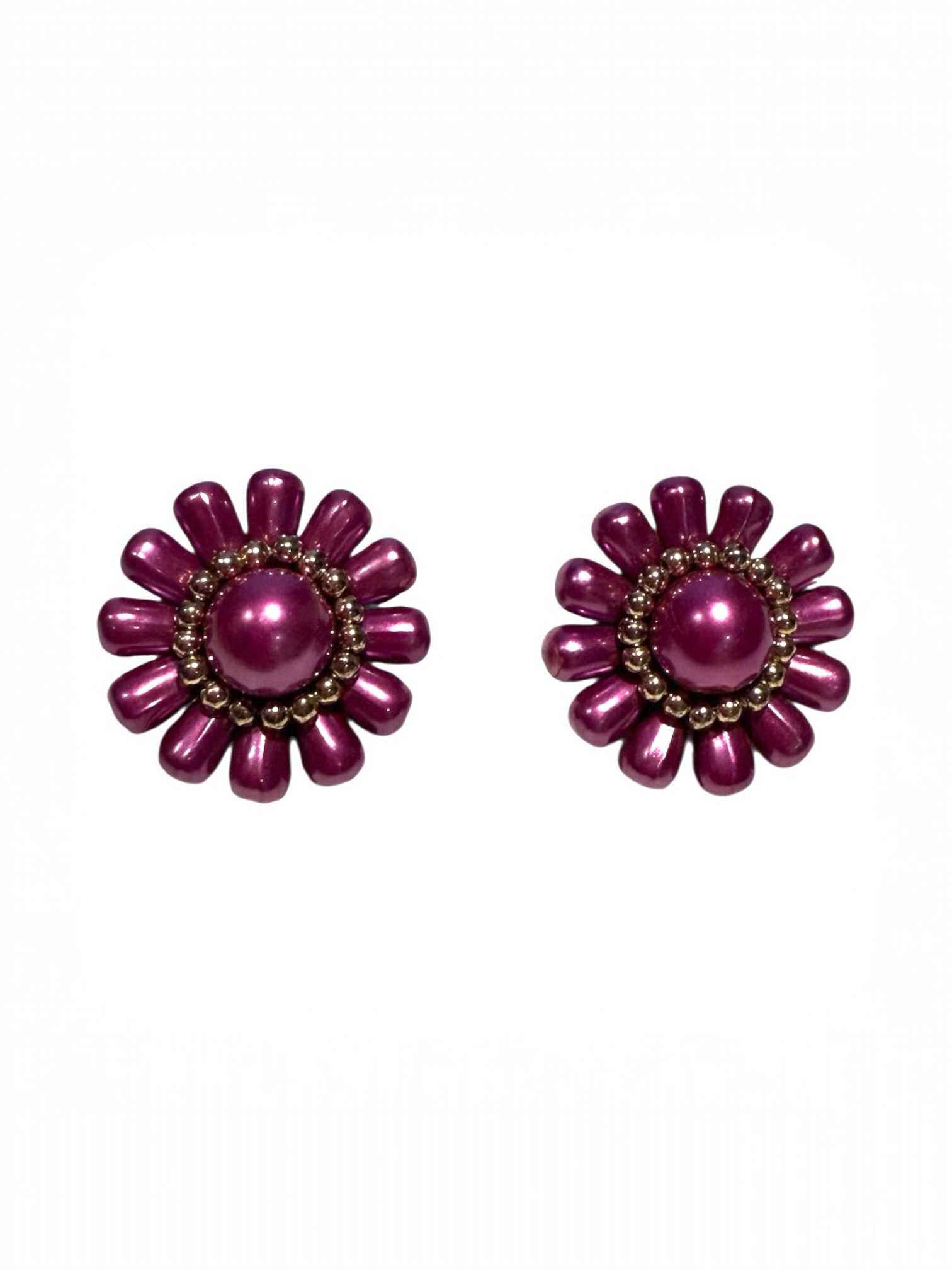 Vintage Purple Beaded Flower Stud Earrings
