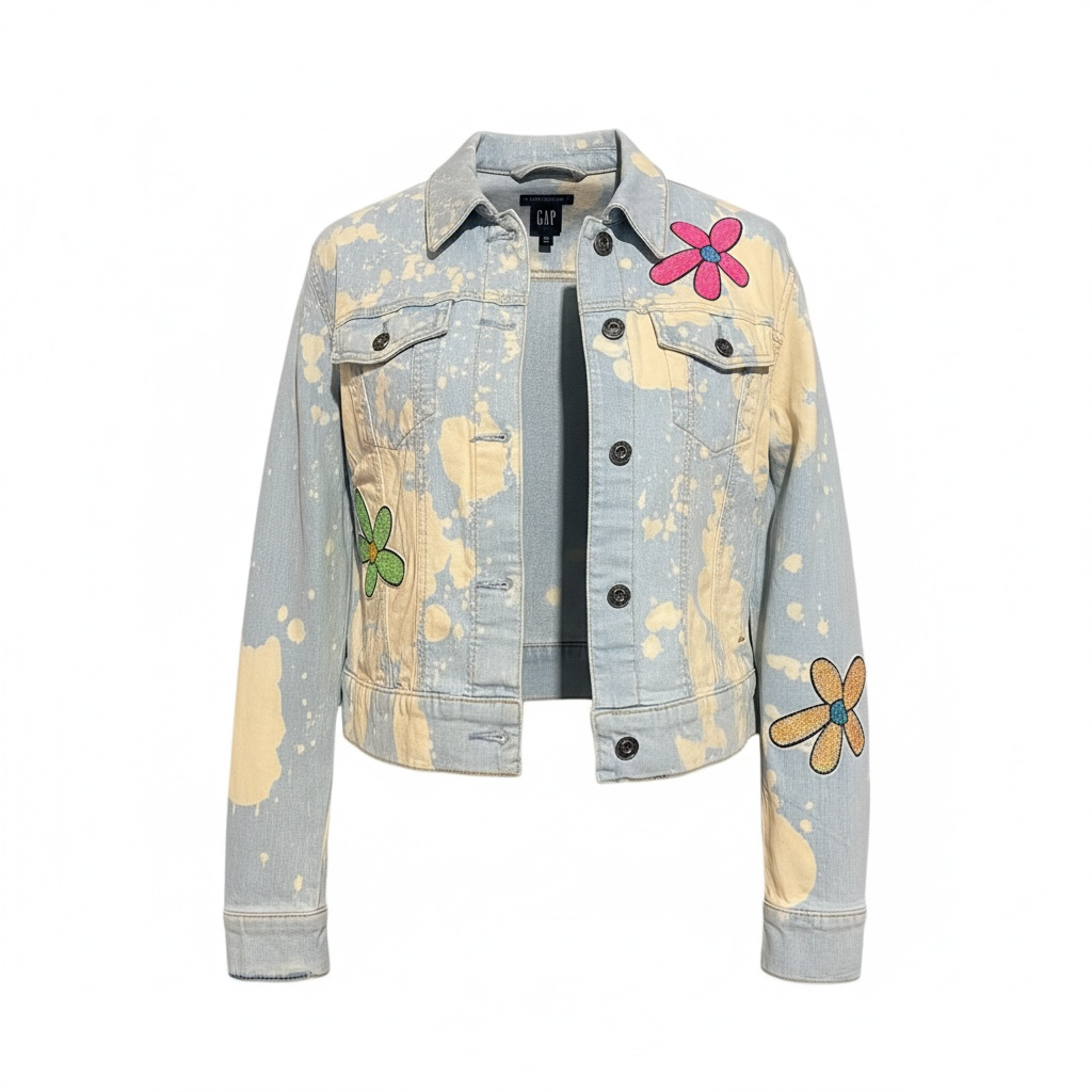 Reworked Y2K Floral Sequins Bleach Dyed Denim Jacket