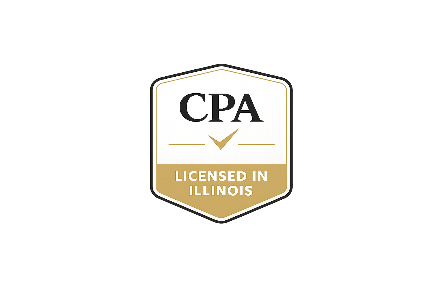 Close-up of a badge or sticker with the text 'CPA Licensed in Illinois', indicating certification or licensing in Illinois.