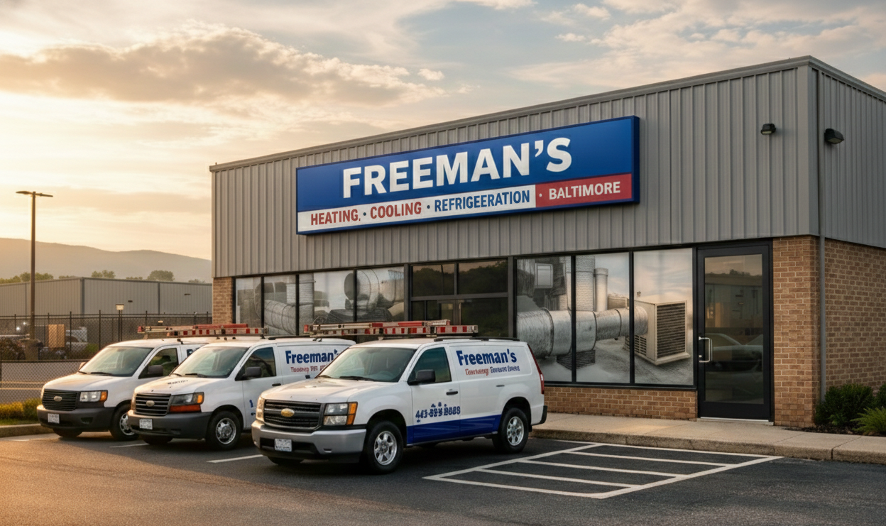 Exterior view of Freeman's Heating, Cooling, and Refrigeration store with three service vans parked in front during sunset.