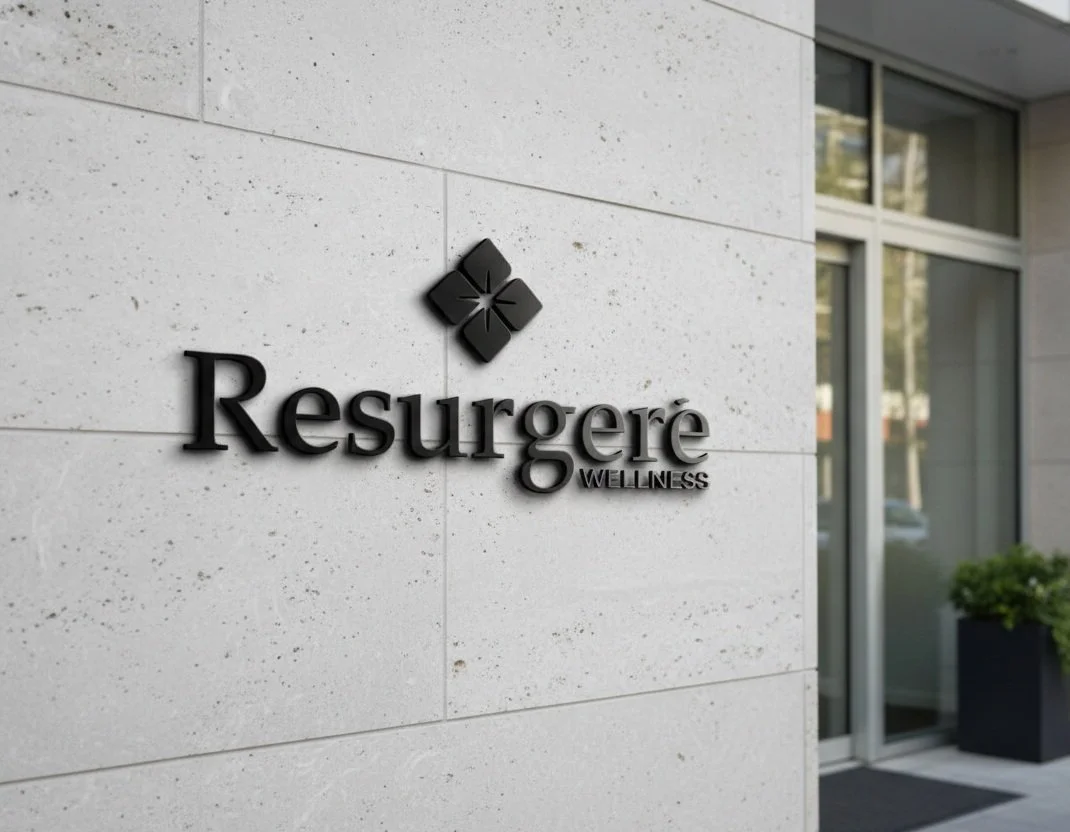 Sign on a building wall displaying the logo and name of 'Resurgence Wellness' with a stylized black symbol above the text.